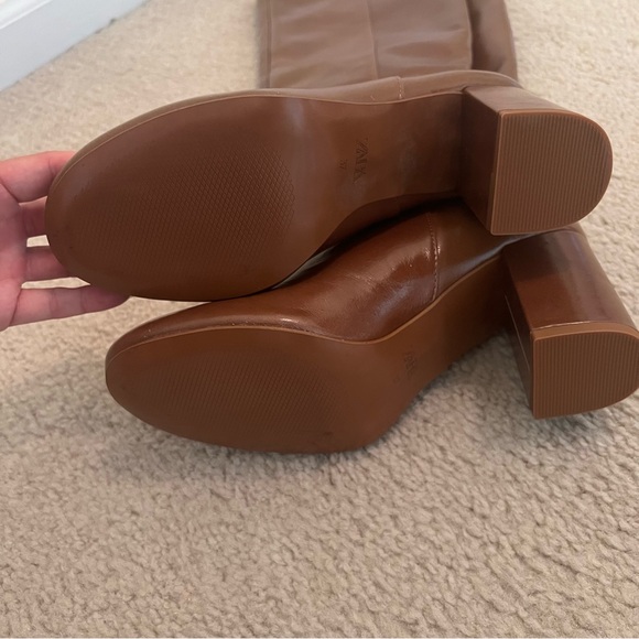 Zara HEELED LEATHER KNEE HIGH BOOTS Brown Knee-High Leather Boots sz 37 US 6.5 - Picture 8 of 10